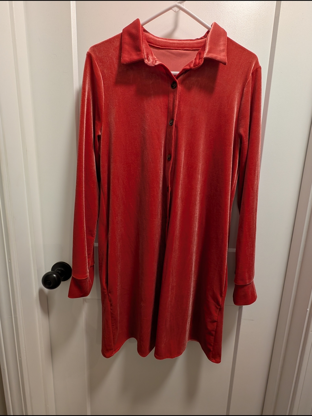 Long Sleeve Stretchy Button-Up Velvet Shirt Dress - Red